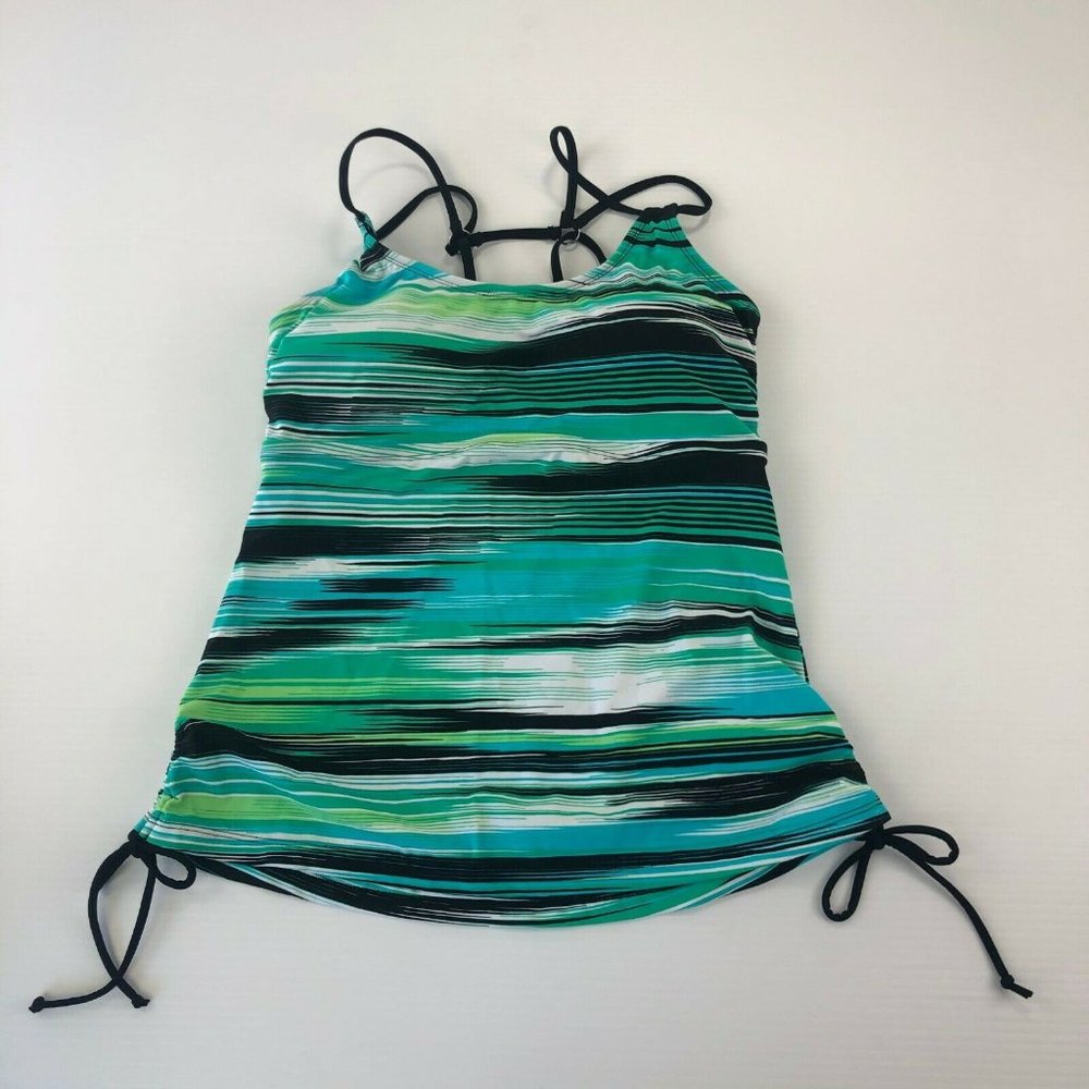 Backless  Tank Top Green Black Striped  Swimsuit